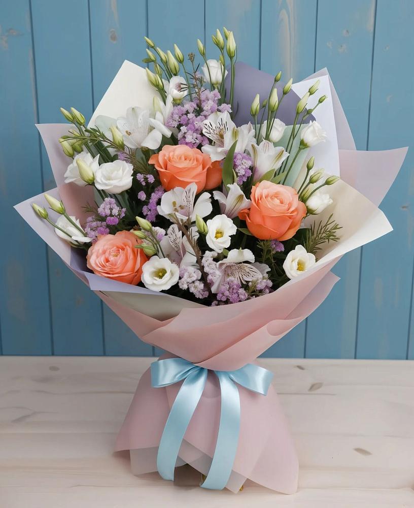 Букет цветов из: Лизиантусы, Розы, Альстромерии и Гипсофила в Лянторе