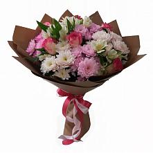 Букет Розовое очарование в Лянторе Букет цветов из:  Хризантемы, Альстромерии и Розы в Лянторе