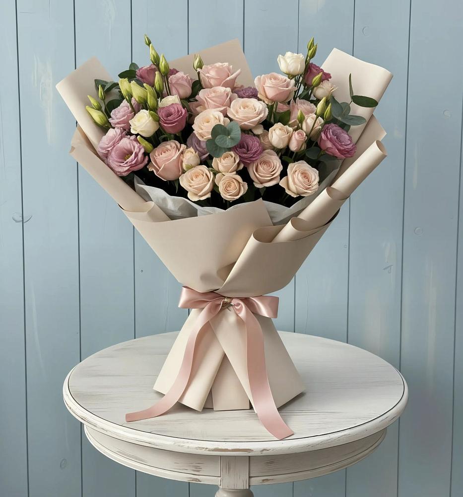 Букет бодрость в Лянторе Букет цветов из: Розы и Лизиантусы в Лянторе