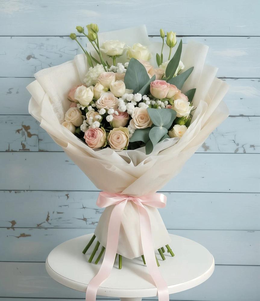 Букет Сказочное воображение в Лянторе Букет цветов из: Розы и Лизиантусы в Лянторе